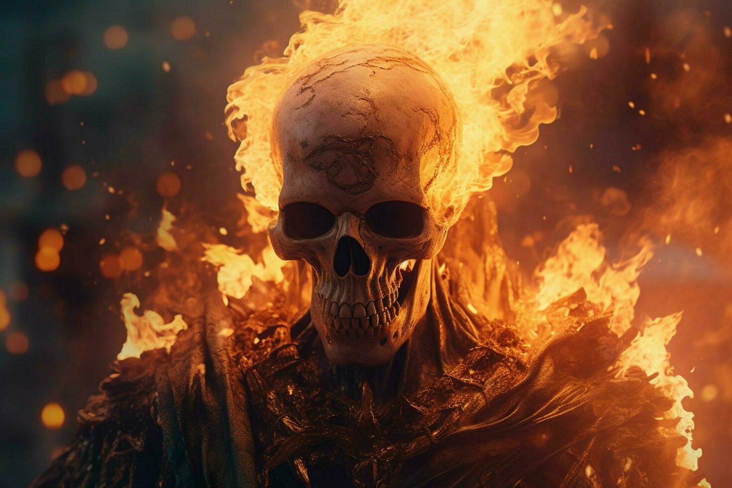 a character in a fire with a skull on his chest photo