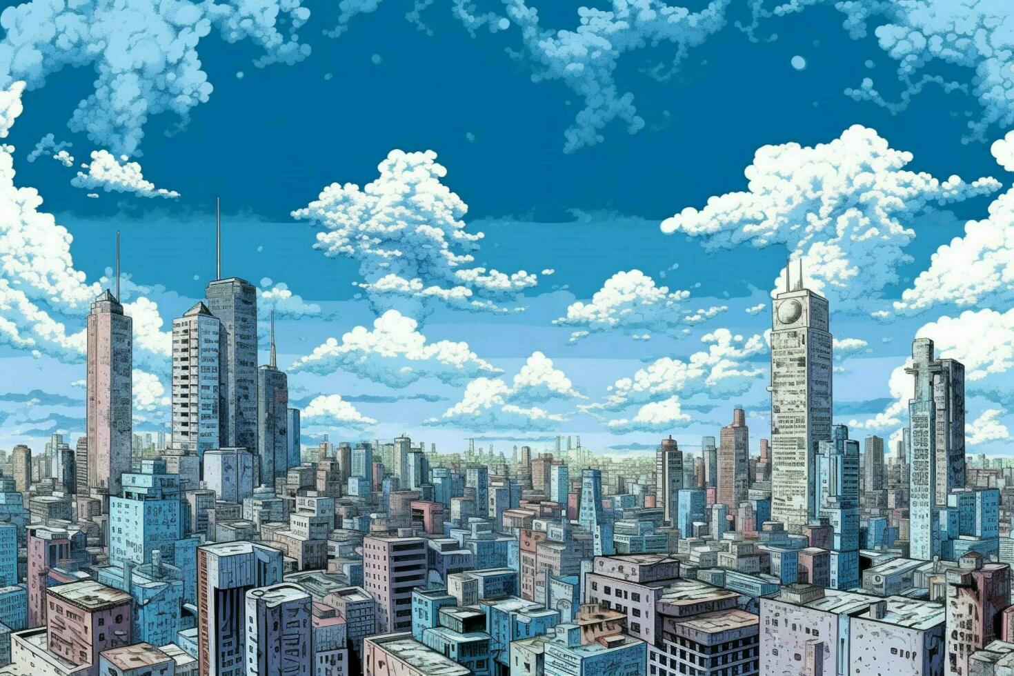 a city with a blue sky and a few skyscrapers photo