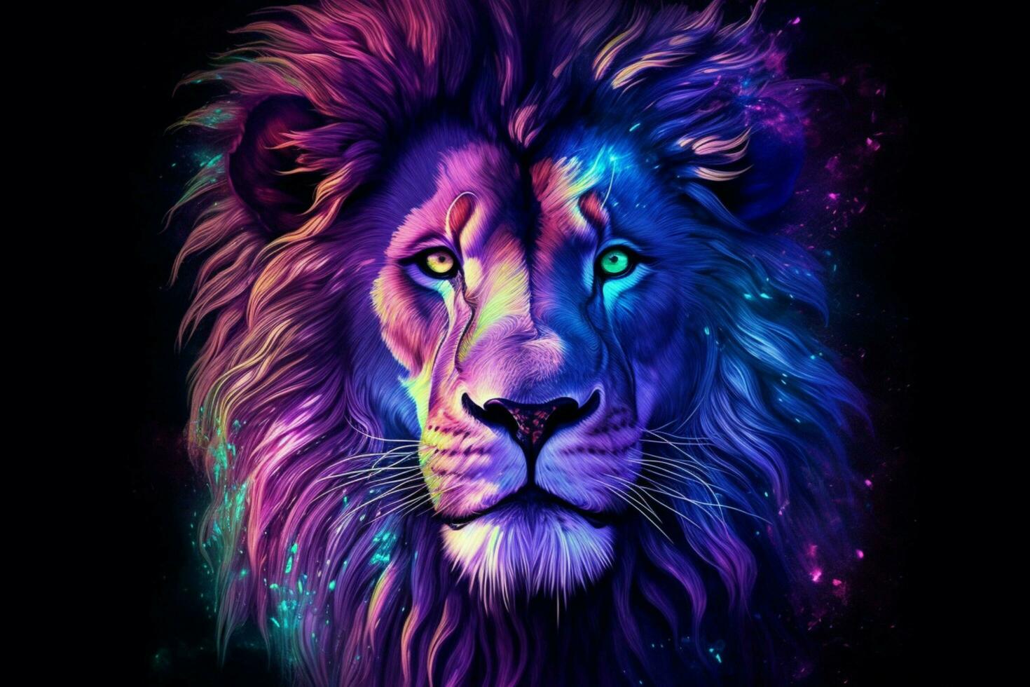 a colorful lion with a blue mane and a purple mane photo