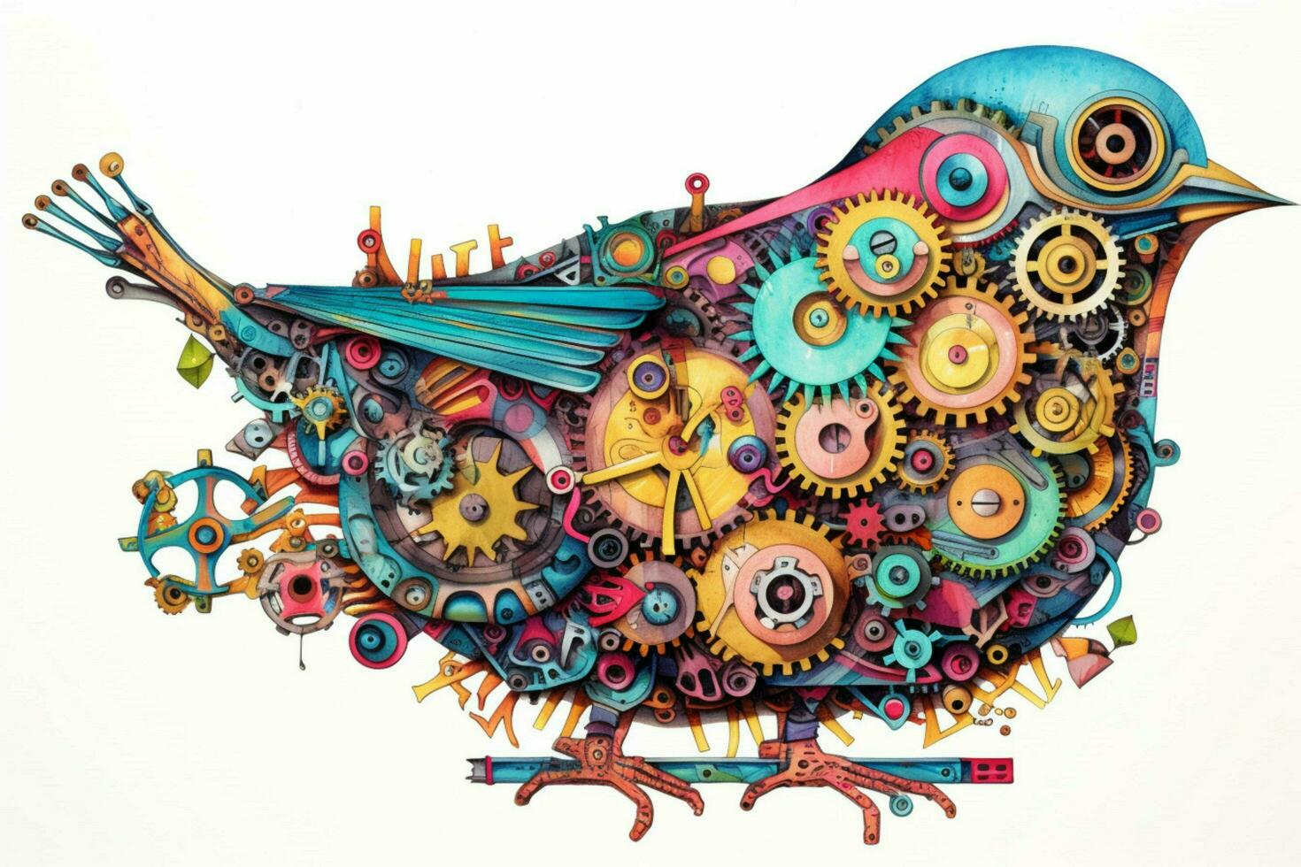a colorful illustration of a bird with gears and photo