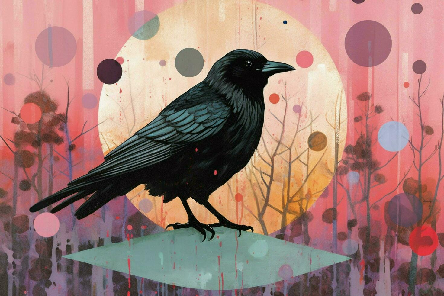 a colorful illustration of a crow with a black co photo