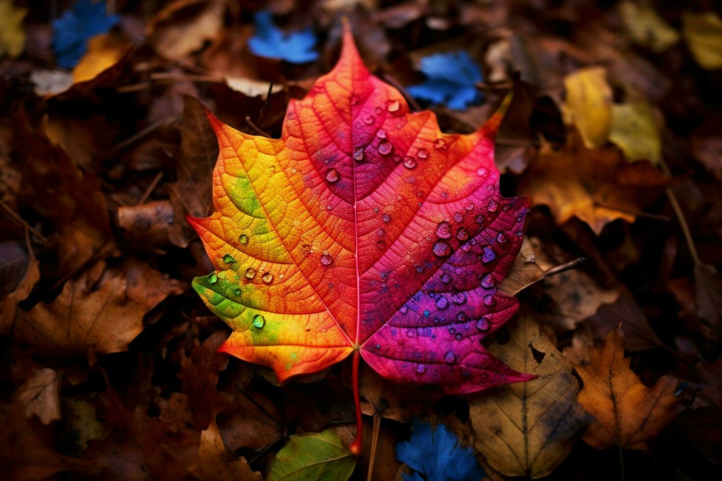 a colorful leaf that has the word autumn on it photo