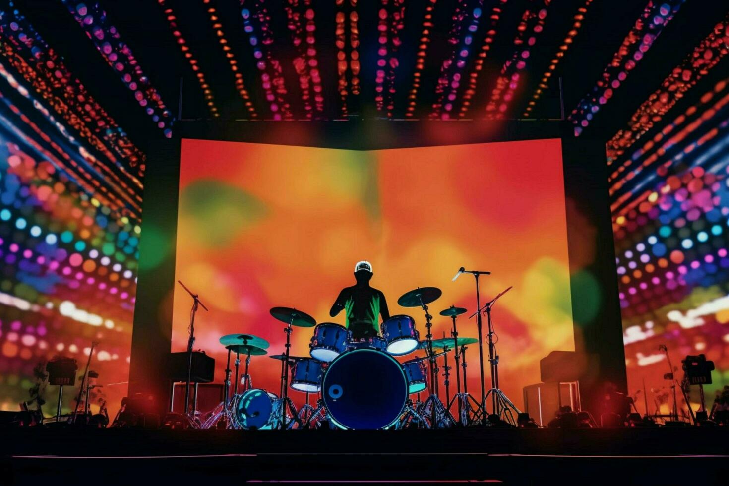 a colorful stage with a man standing in front of photo