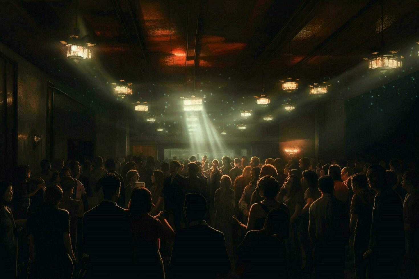 a crowd of people stand in a dark room with lights photo