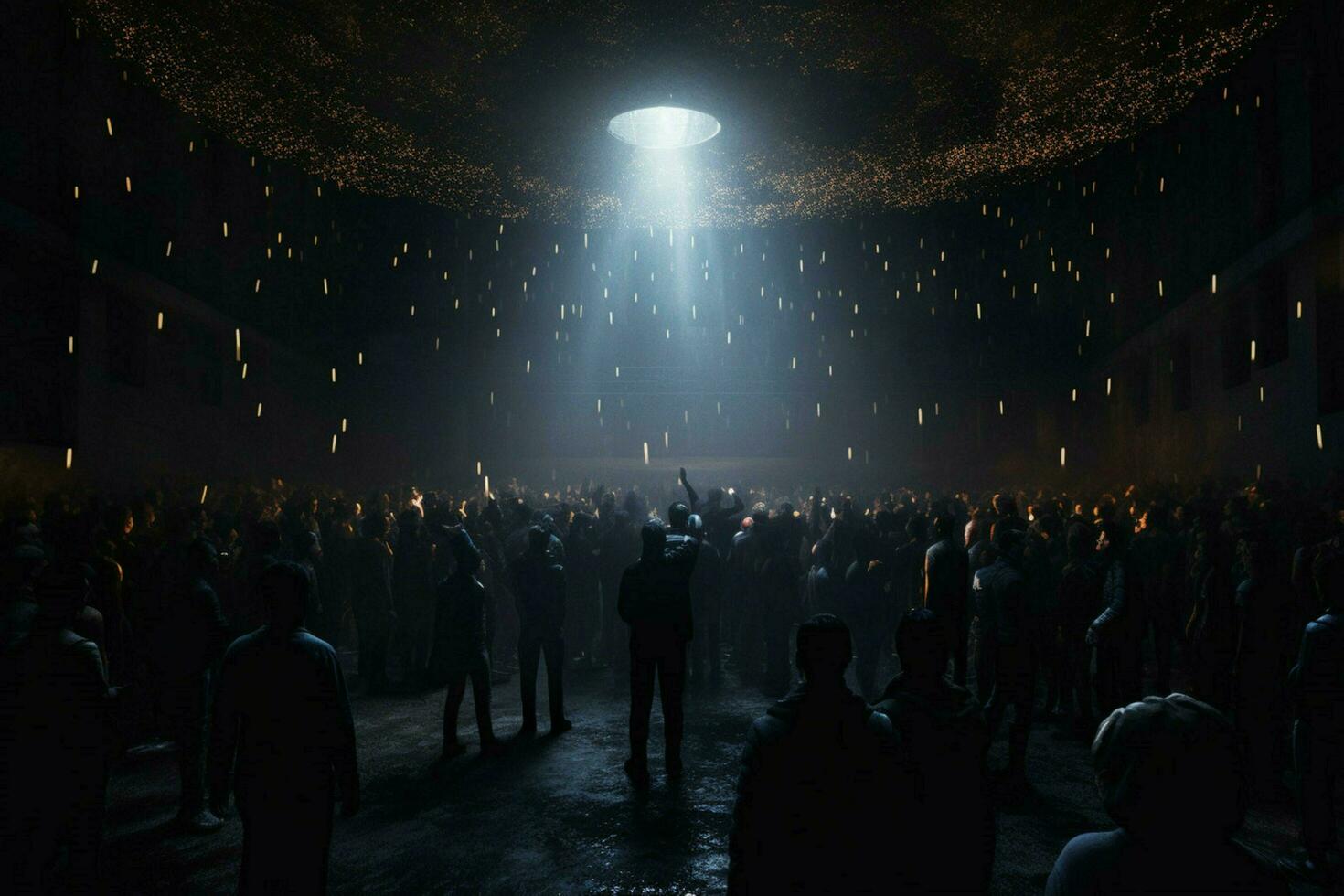 a crowd of people stand in a dark room with lights photo