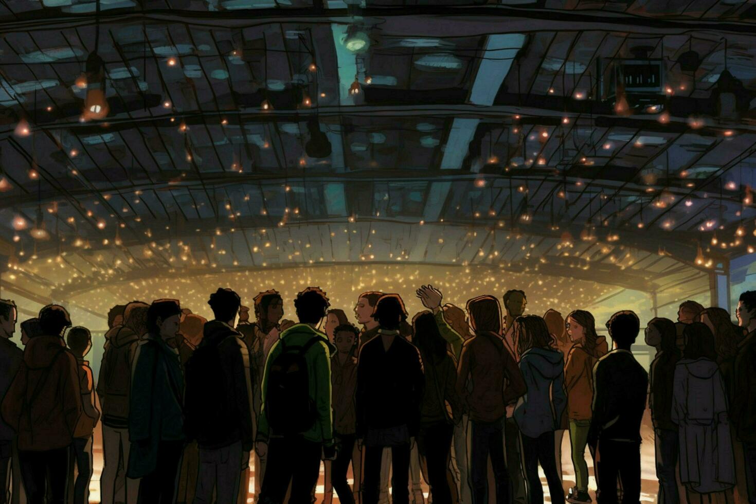 a crowd of people stand in a dark room with lights photo
