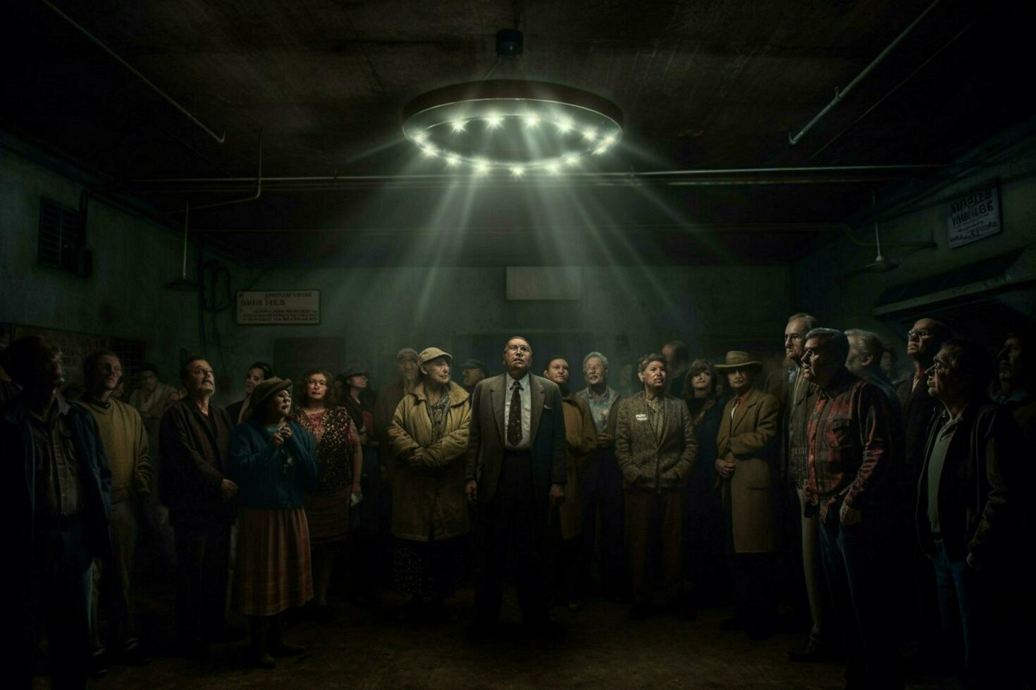 a crowd of people stand in a dark room with light photo