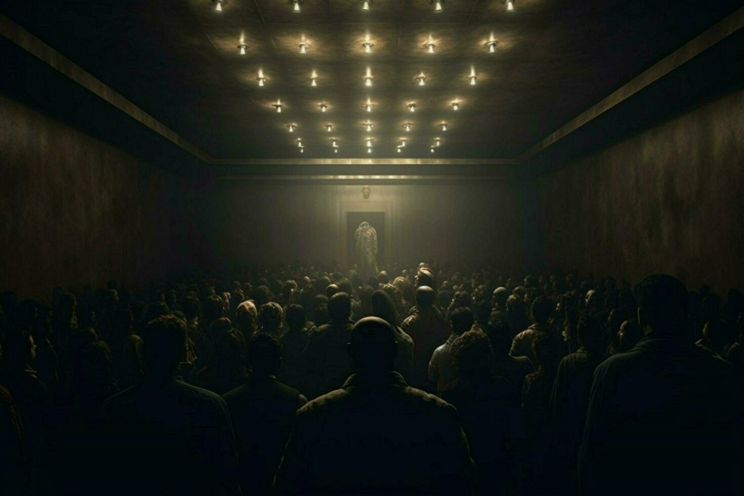 a crowd of people stand in a dark room with lights photo