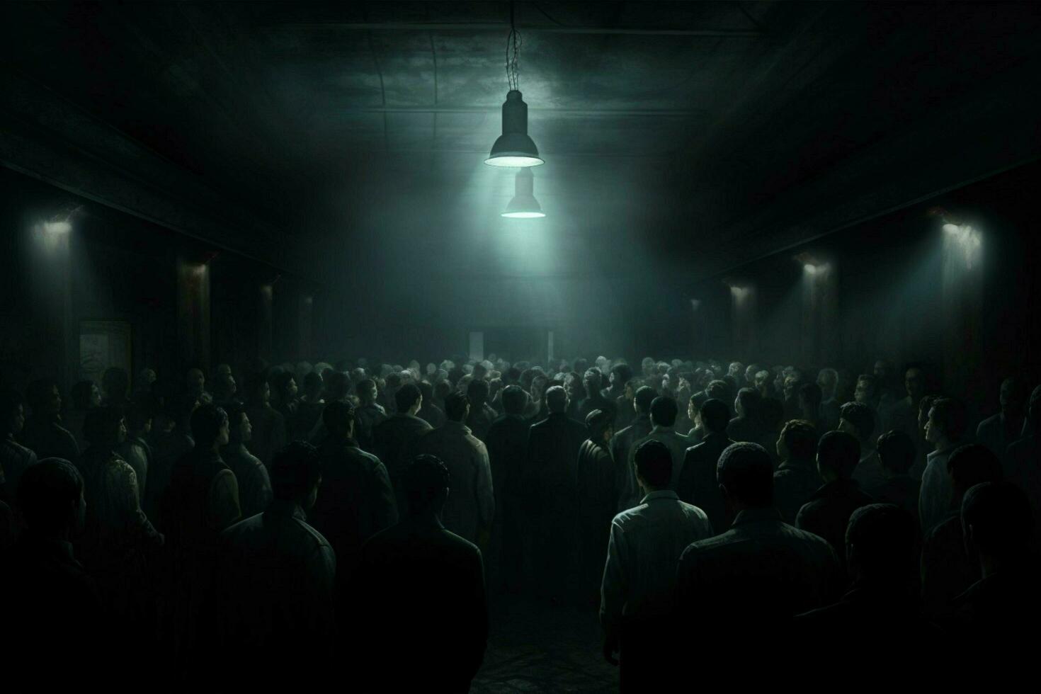 a crowd of people stand in a dark room with light photo