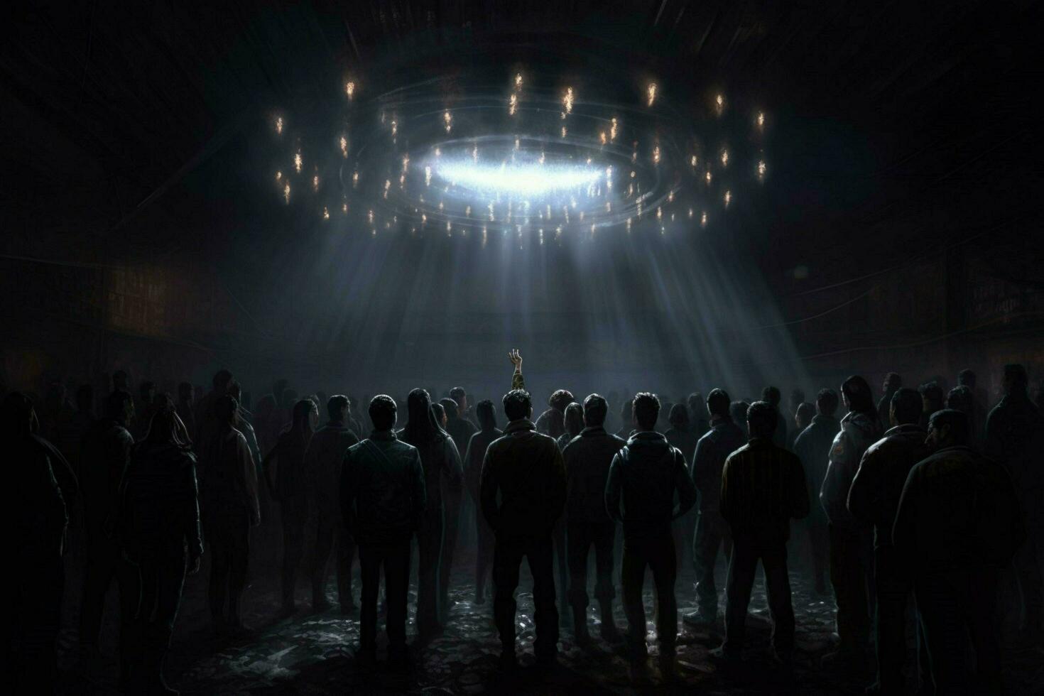 a crowd of people stand in a dark room with light photo