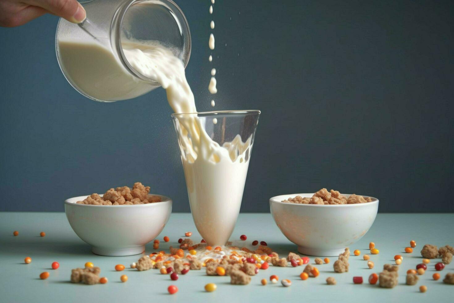 a cup of milk and a bowl of cereal being poured i photo