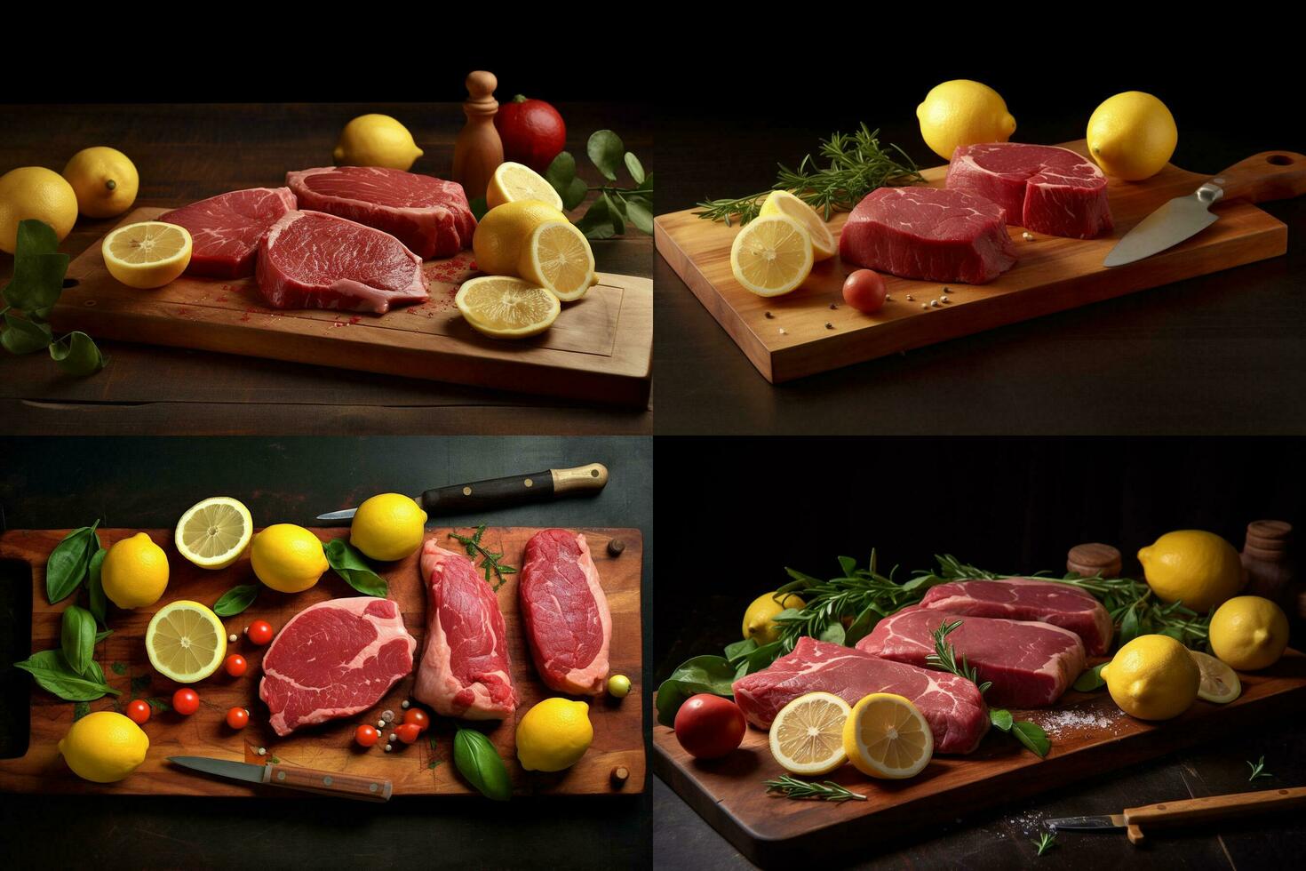 a cutting board with meat and lemons on it photo