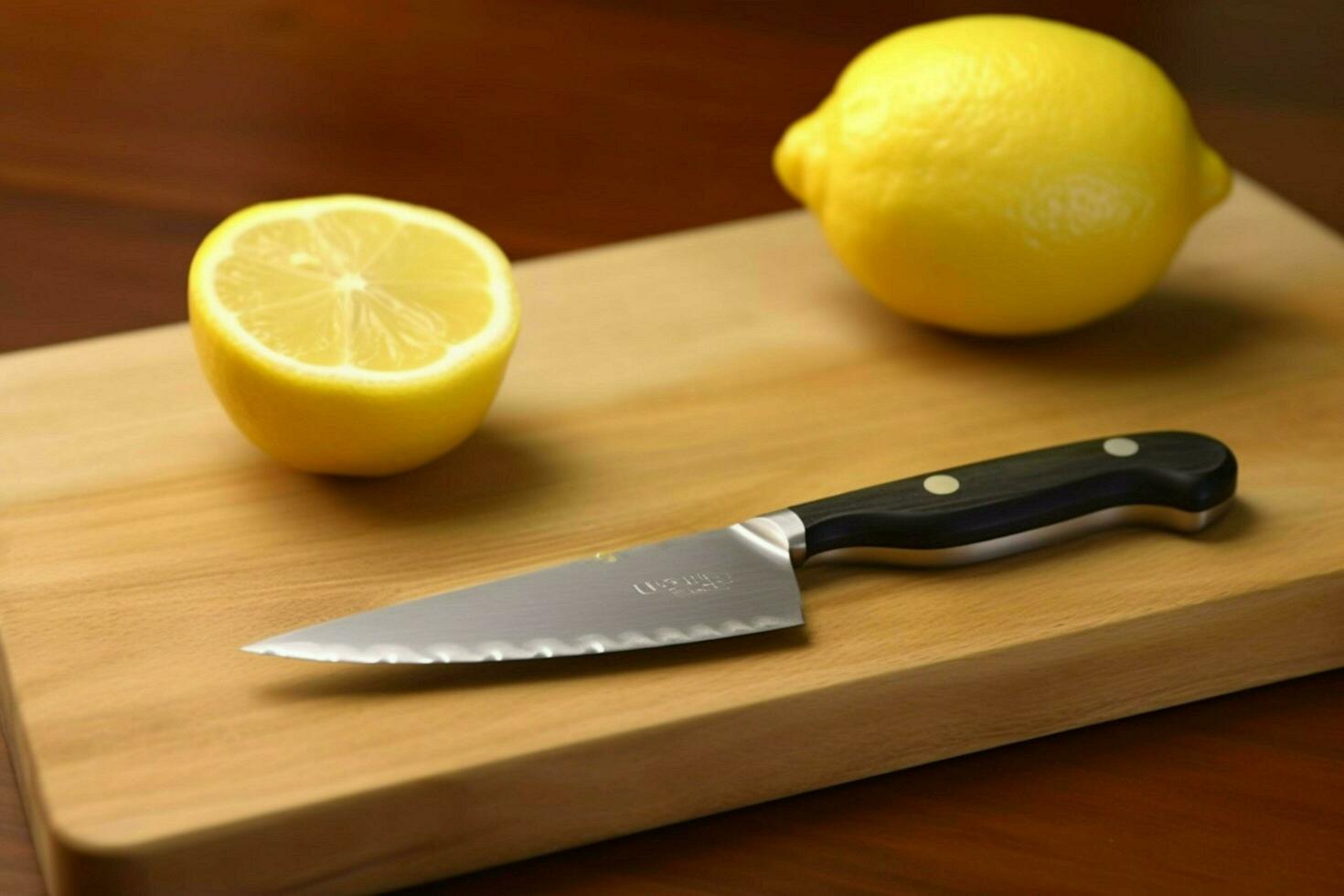 a cutting board with a knife and a knife with a l photo