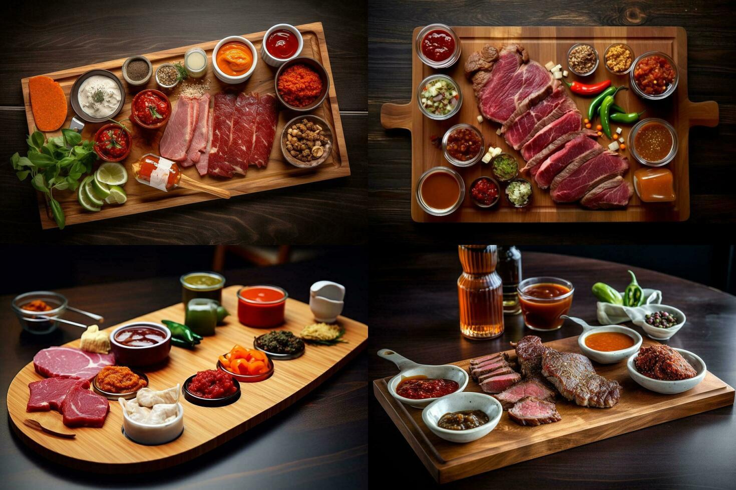 a cutting board with meat and sauces on it photo