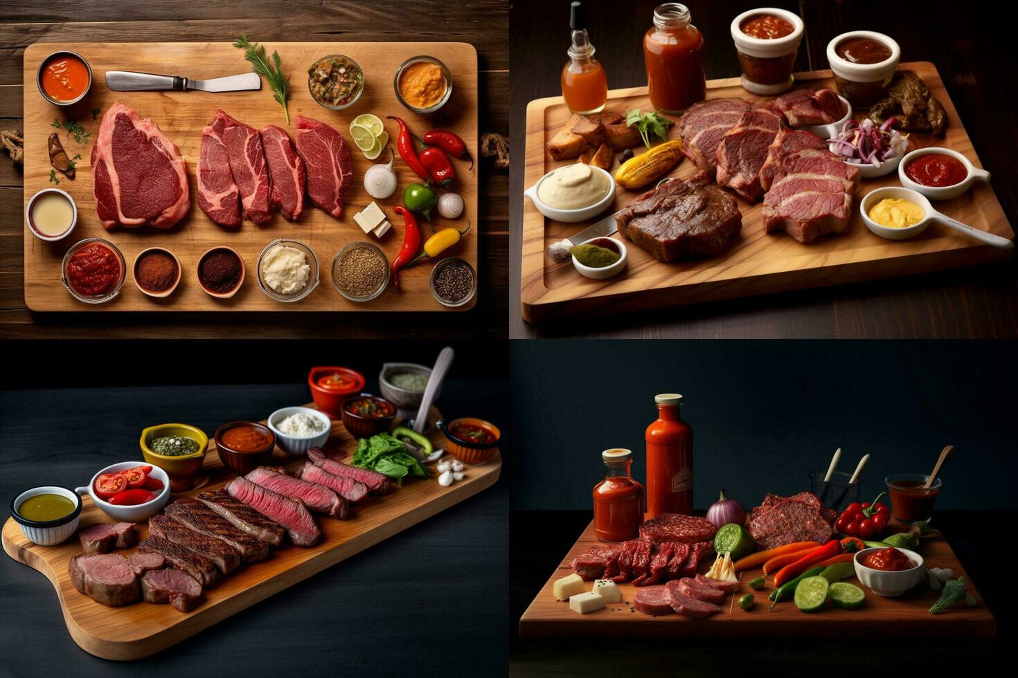 a cutting board with meat and sauces on it photo