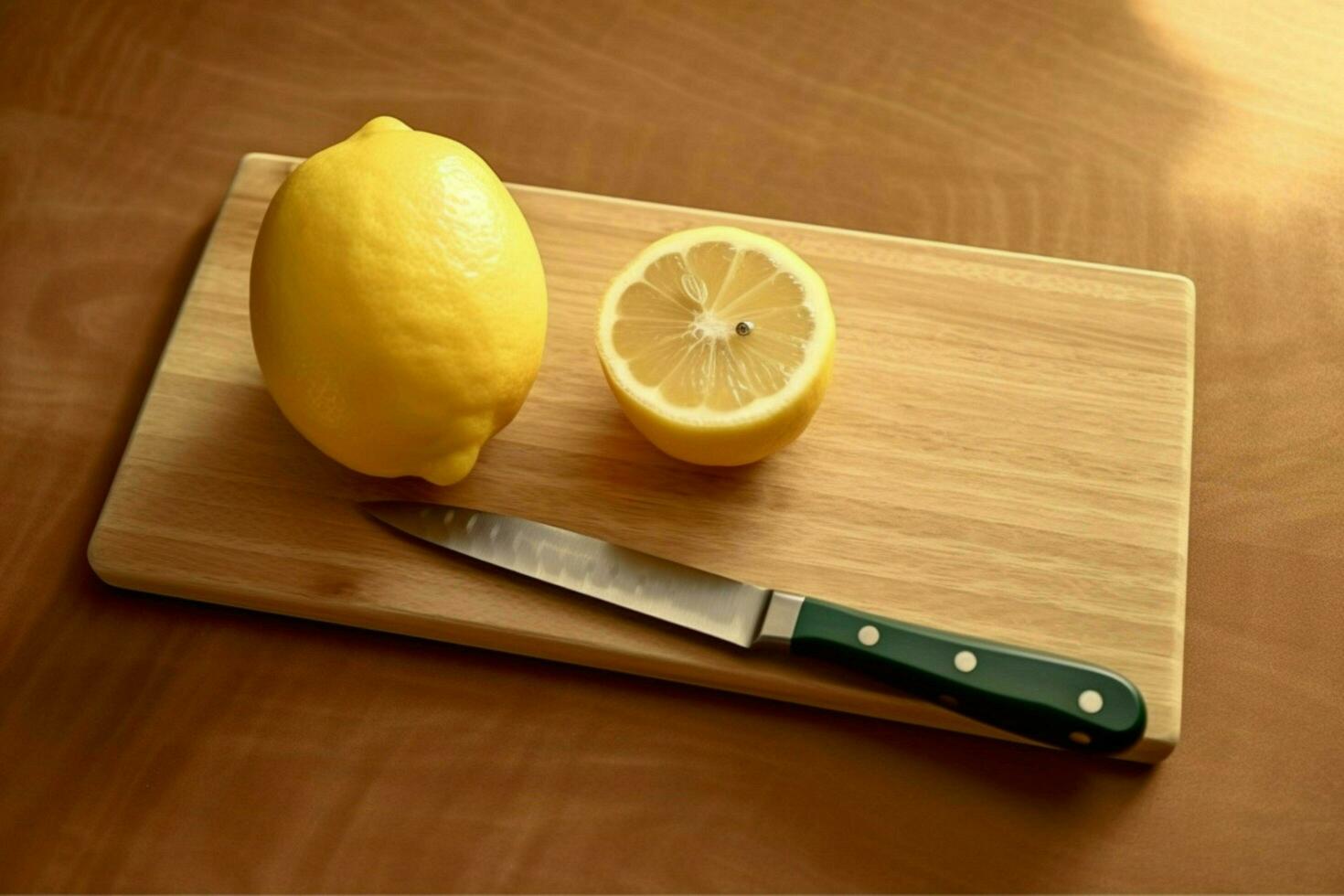 a cutting board with a knife and a knife with a l photo