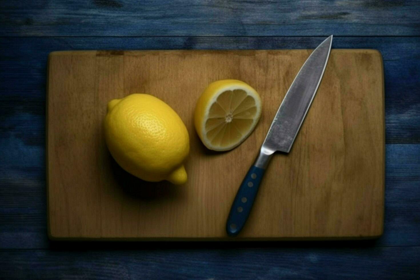 a cutting board with a knife and a knife with a l photo