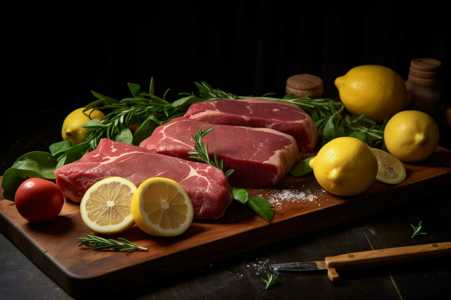 a cutting board with meat and lemons on it photo