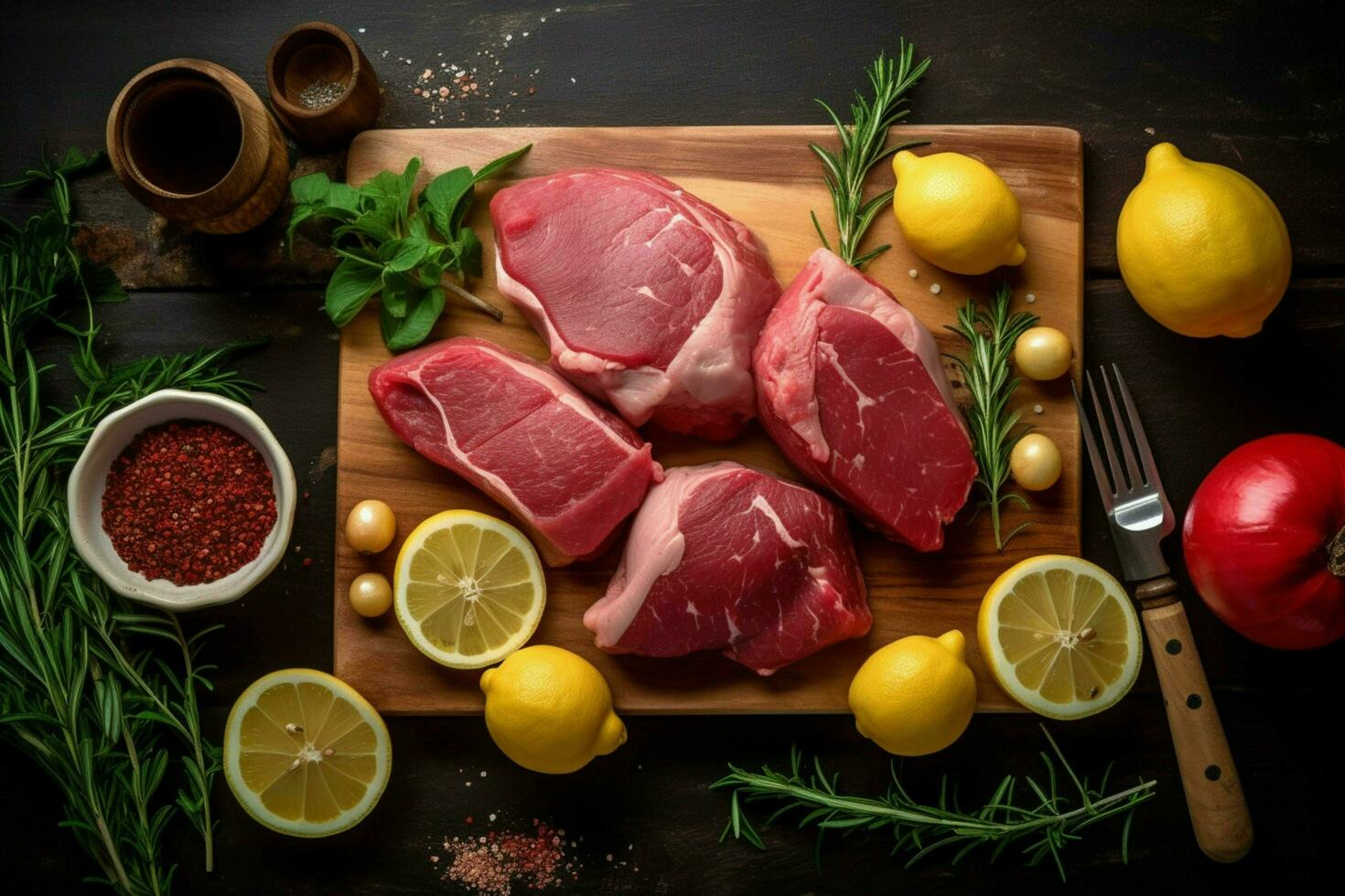 a cutting board with meat and lemons on it photo