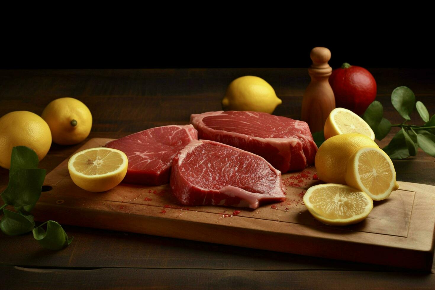a cutting board with meat and lemons on it photo