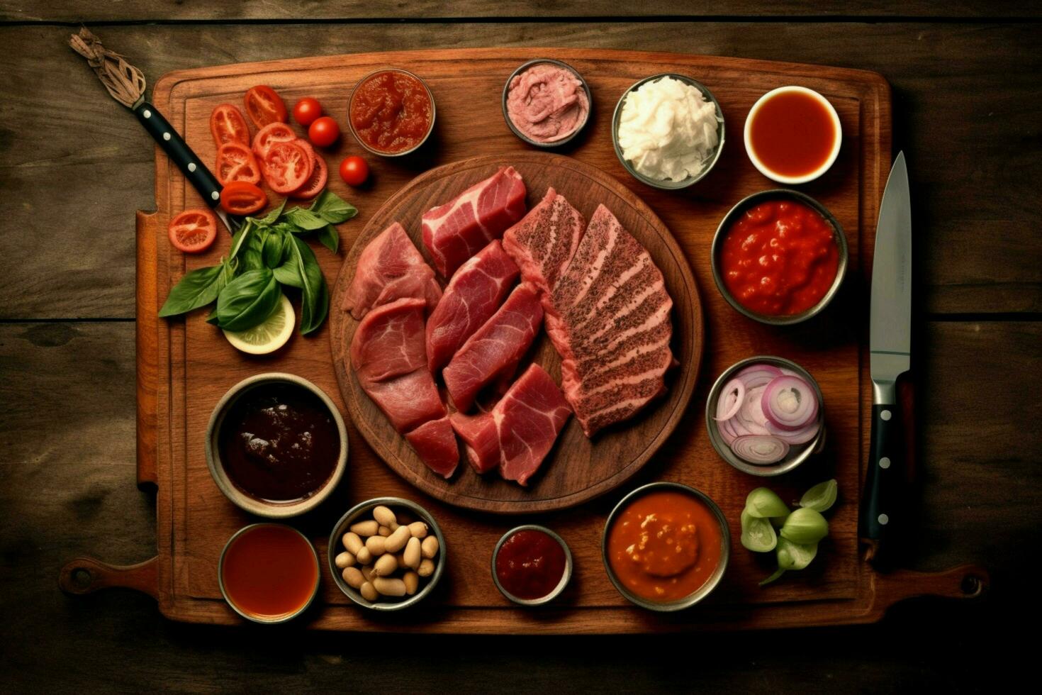 a cutting board with meat and sauces on it photo