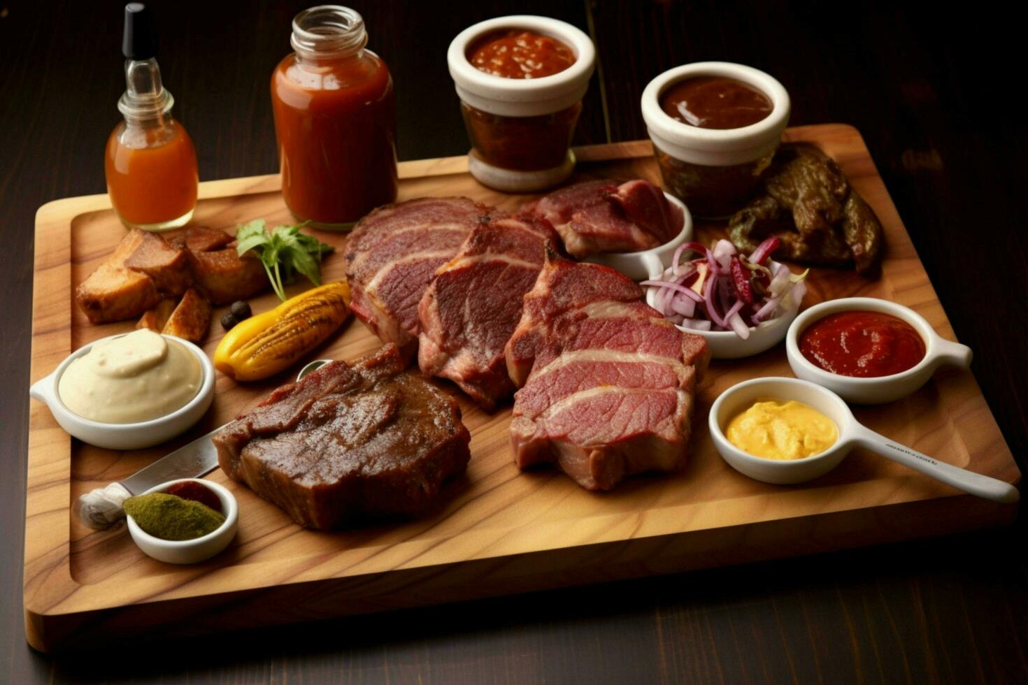 a cutting board with meat and sauces on it photo