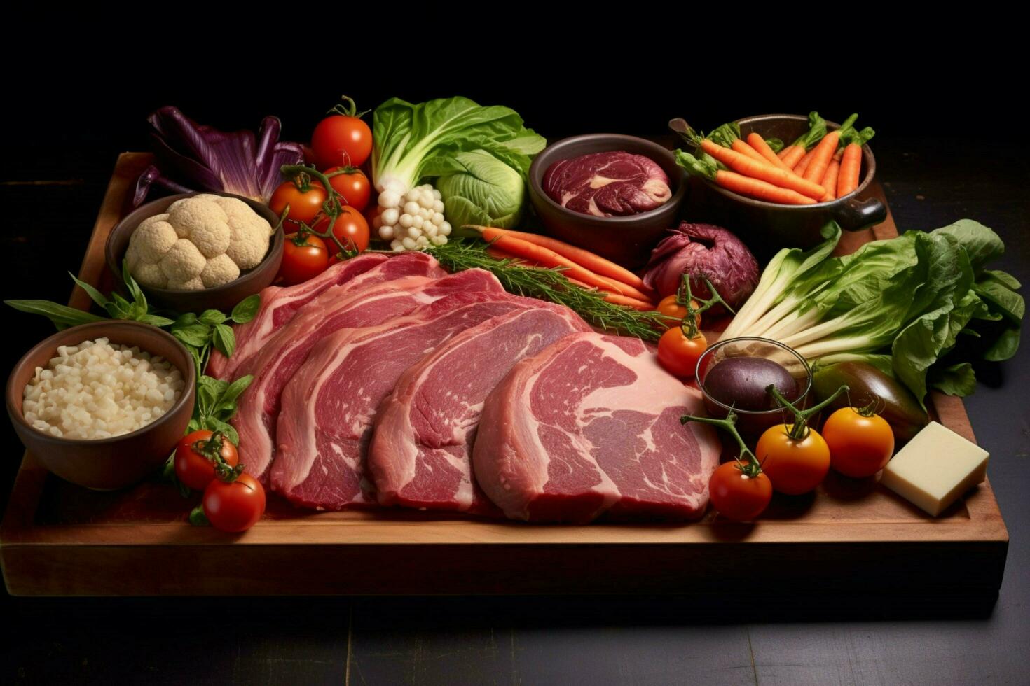 a cutting board with meat and vegetables on it photo