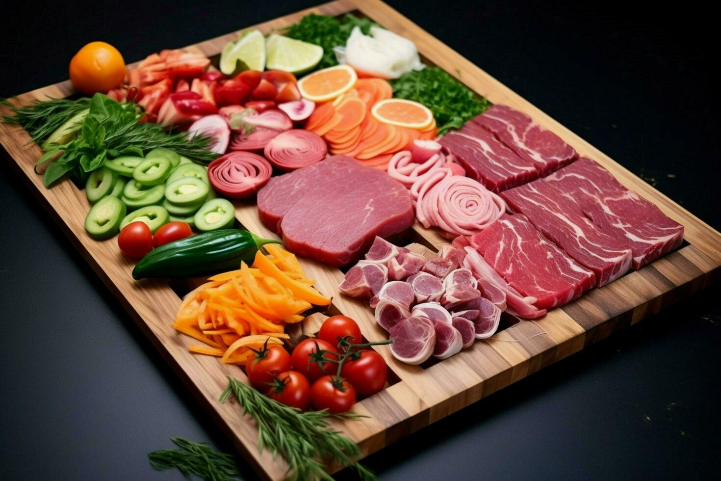 a cutting board with meat and vegetables on it photo