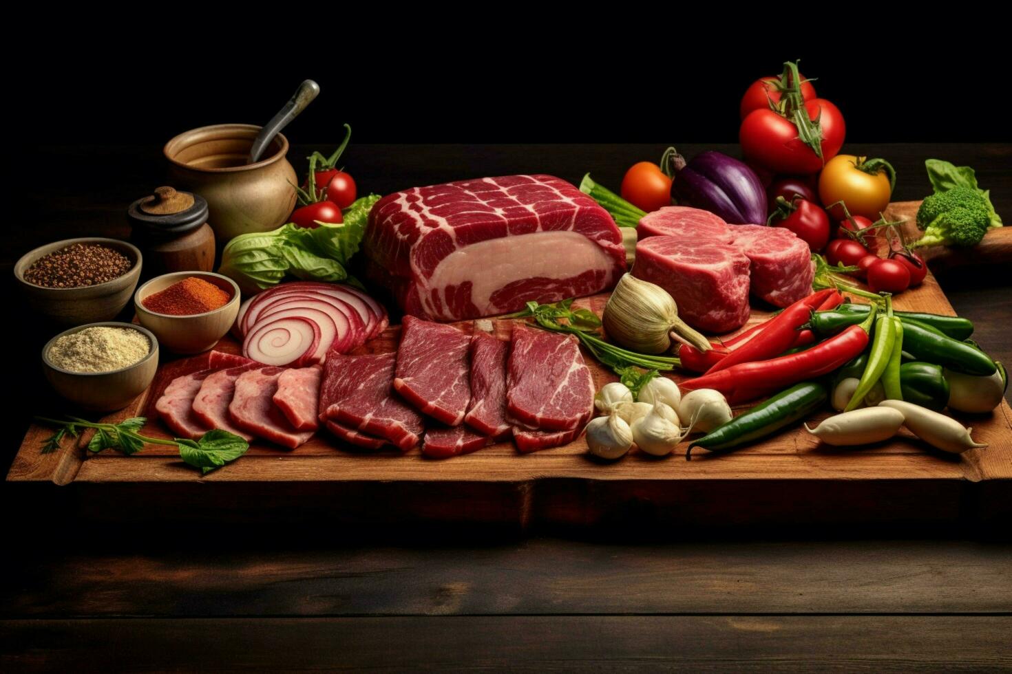 a cutting board with meat and vegetables on it photo