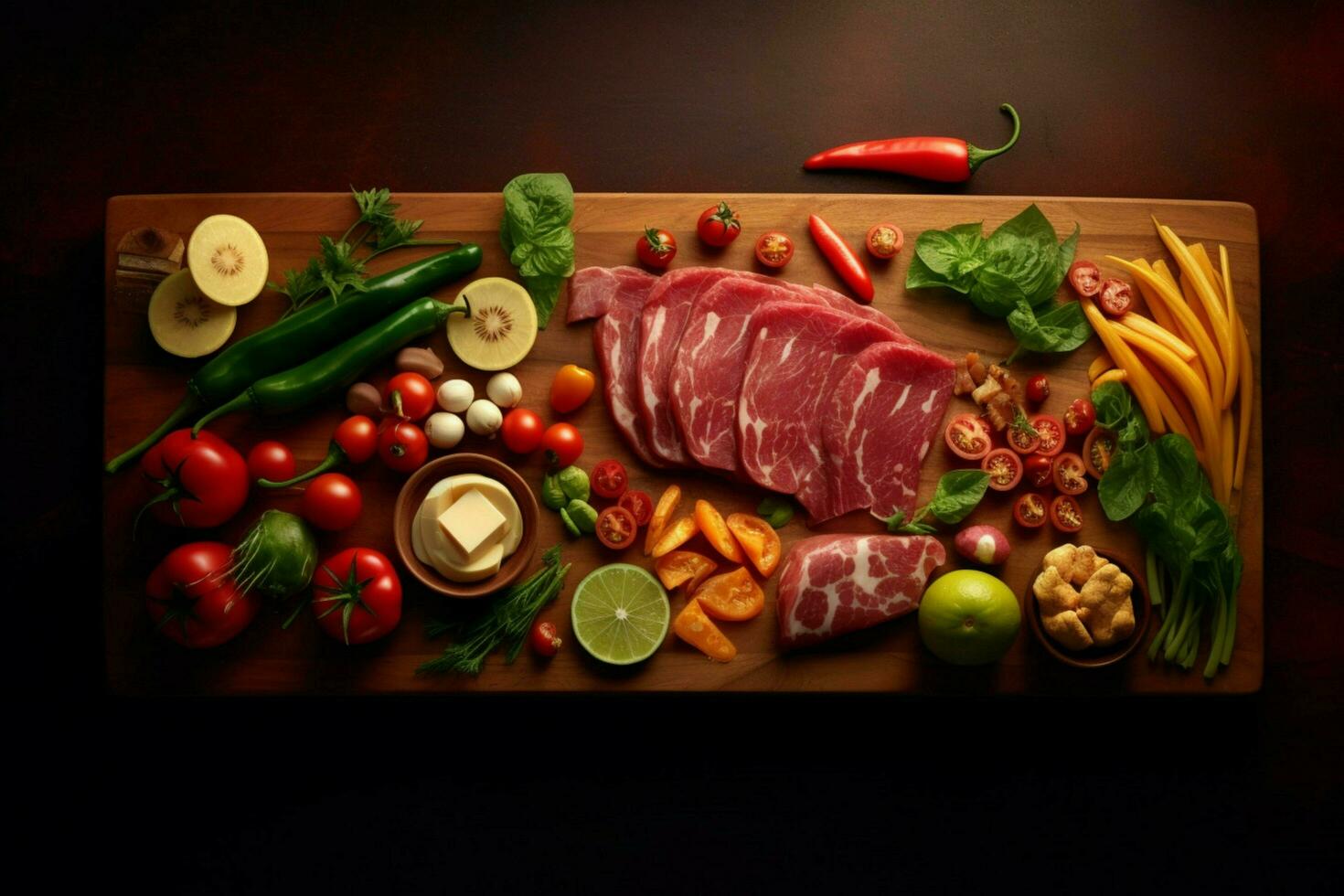 a cutting board with meat and vegetables on it photo