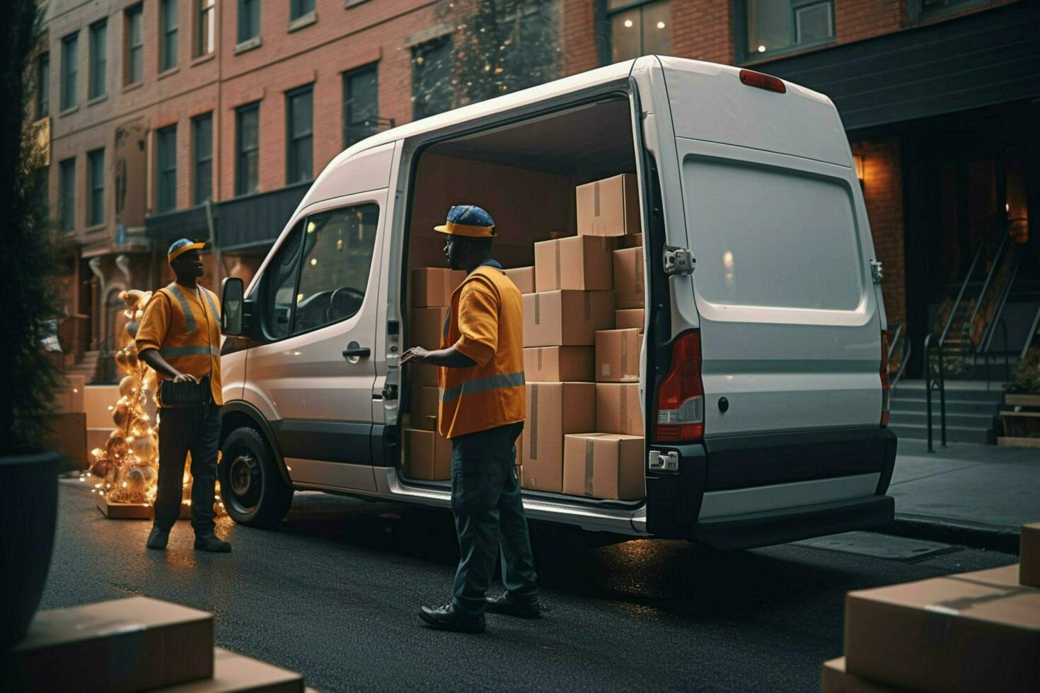 a delivery man is loading boxes into a van photo