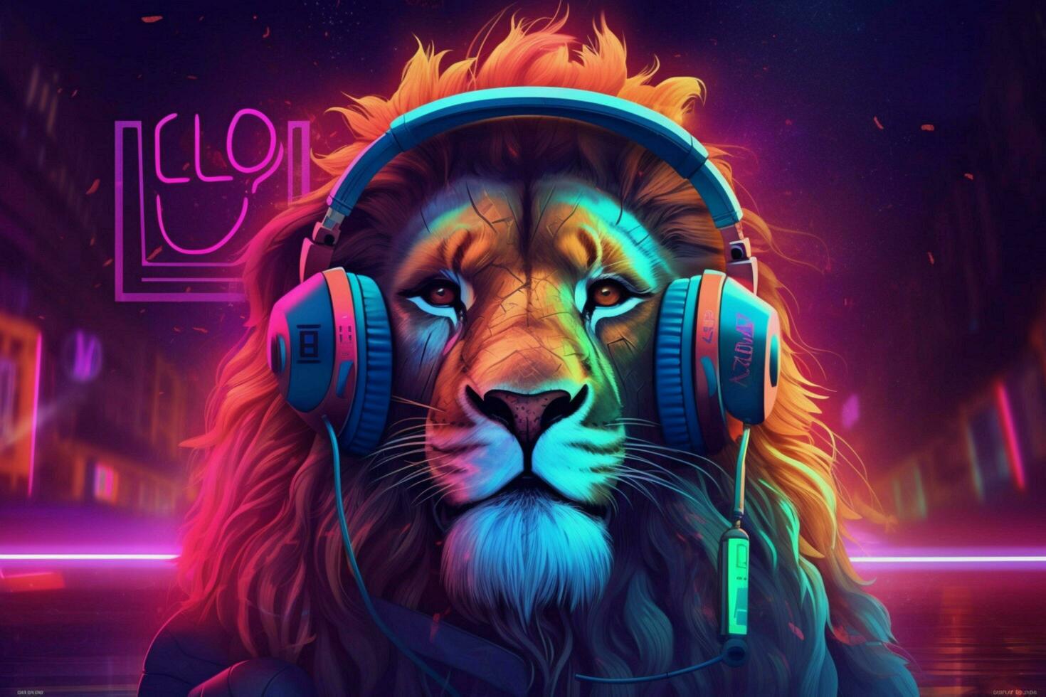a digital art of a lion with headphones and a neo photo