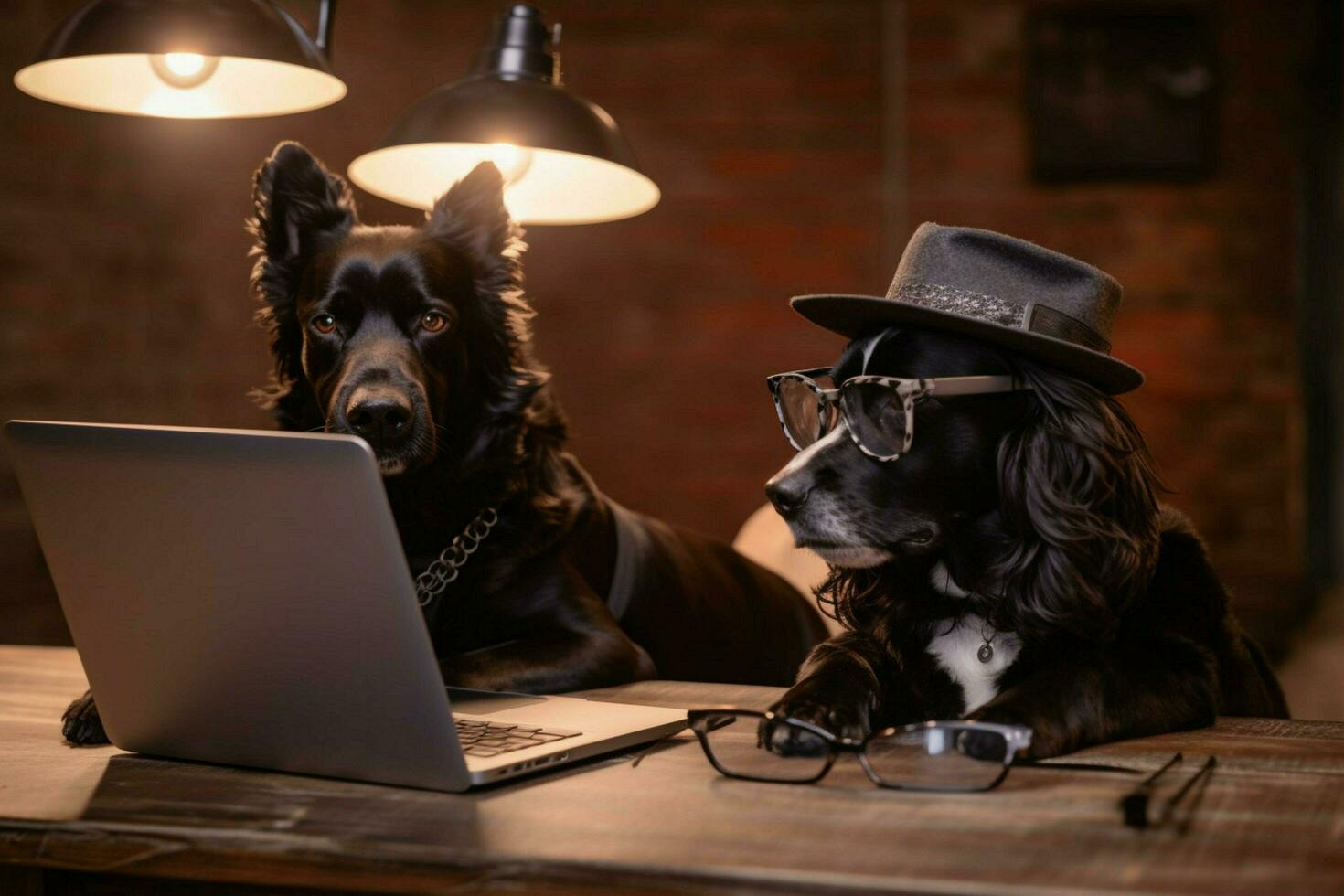 a dog wearing glasses and a black dog laying on a photo