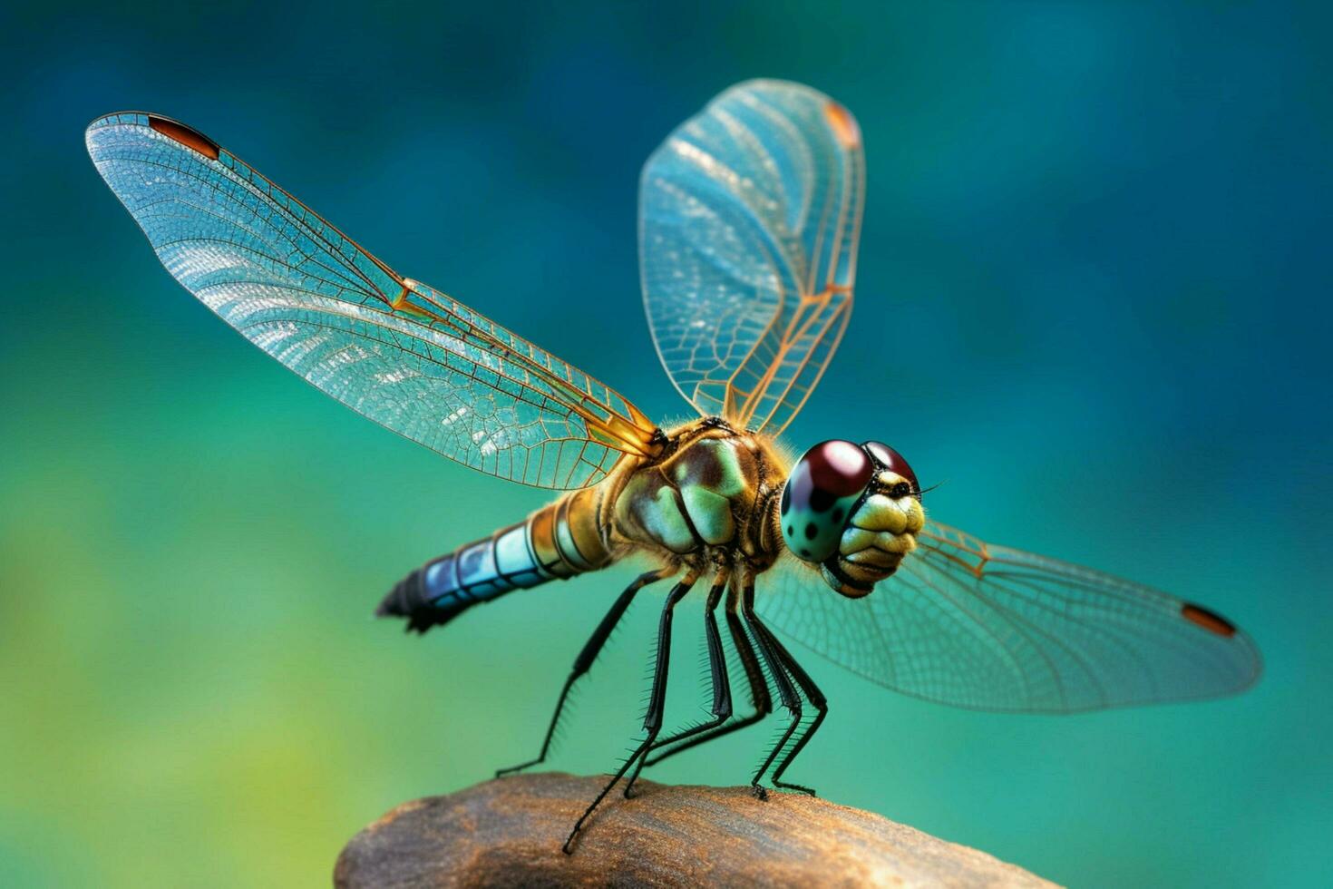 a dragonfly sits on a blue and green background photo