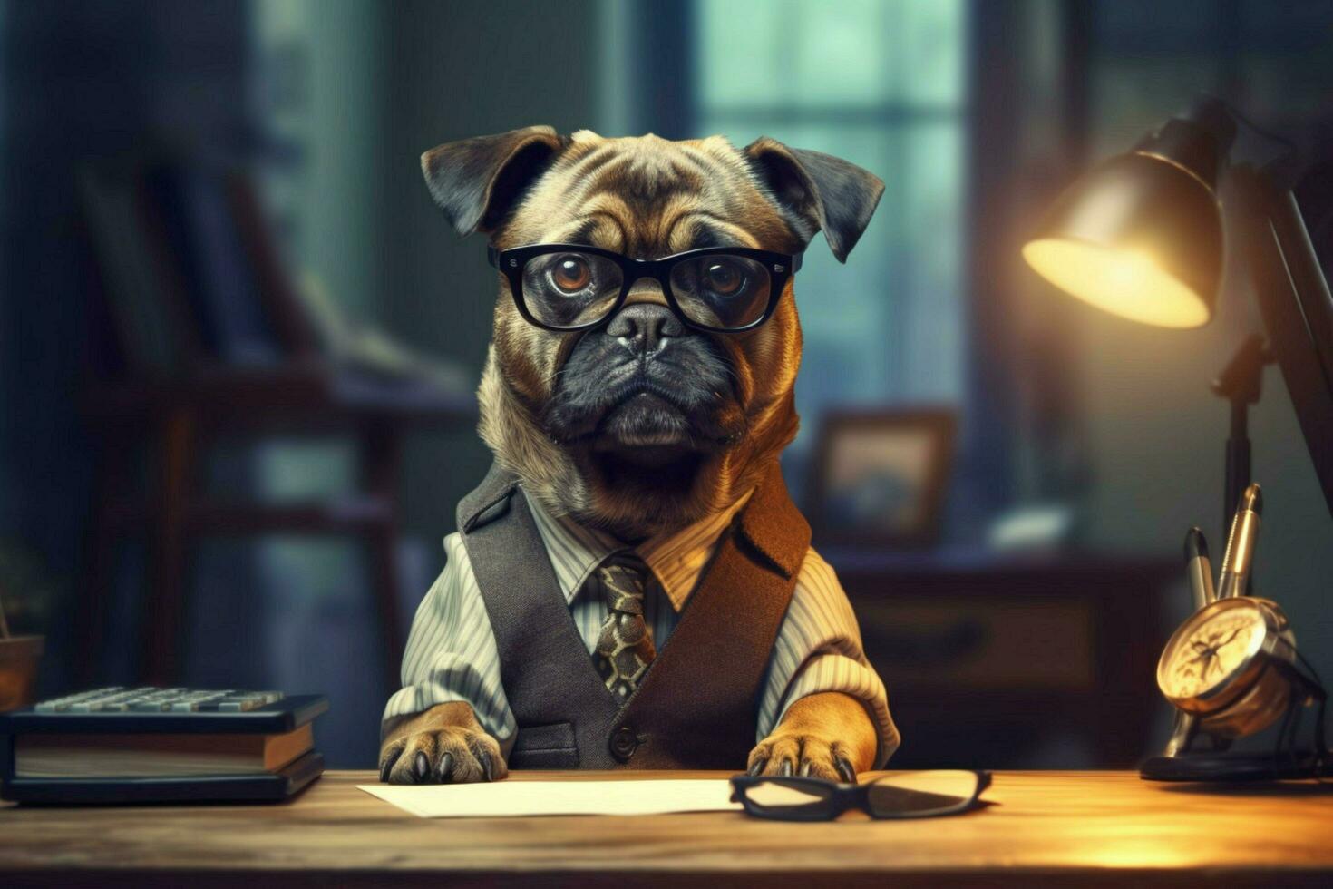 a dog wearing glasses sits at a desk with a compu photo