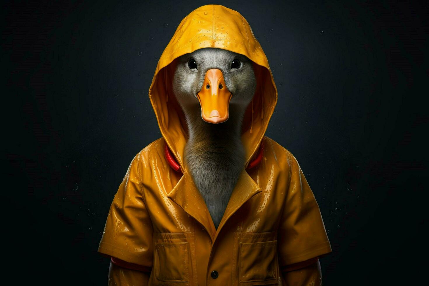 a duck in a raincoat with a hood and a hood photo
