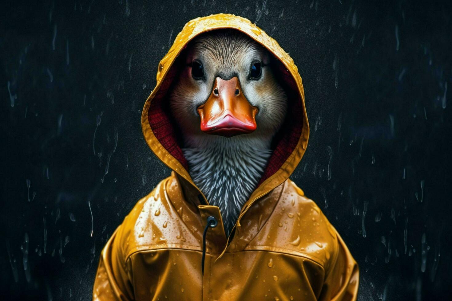 a duck in a raincoat with a hood and a hood photo