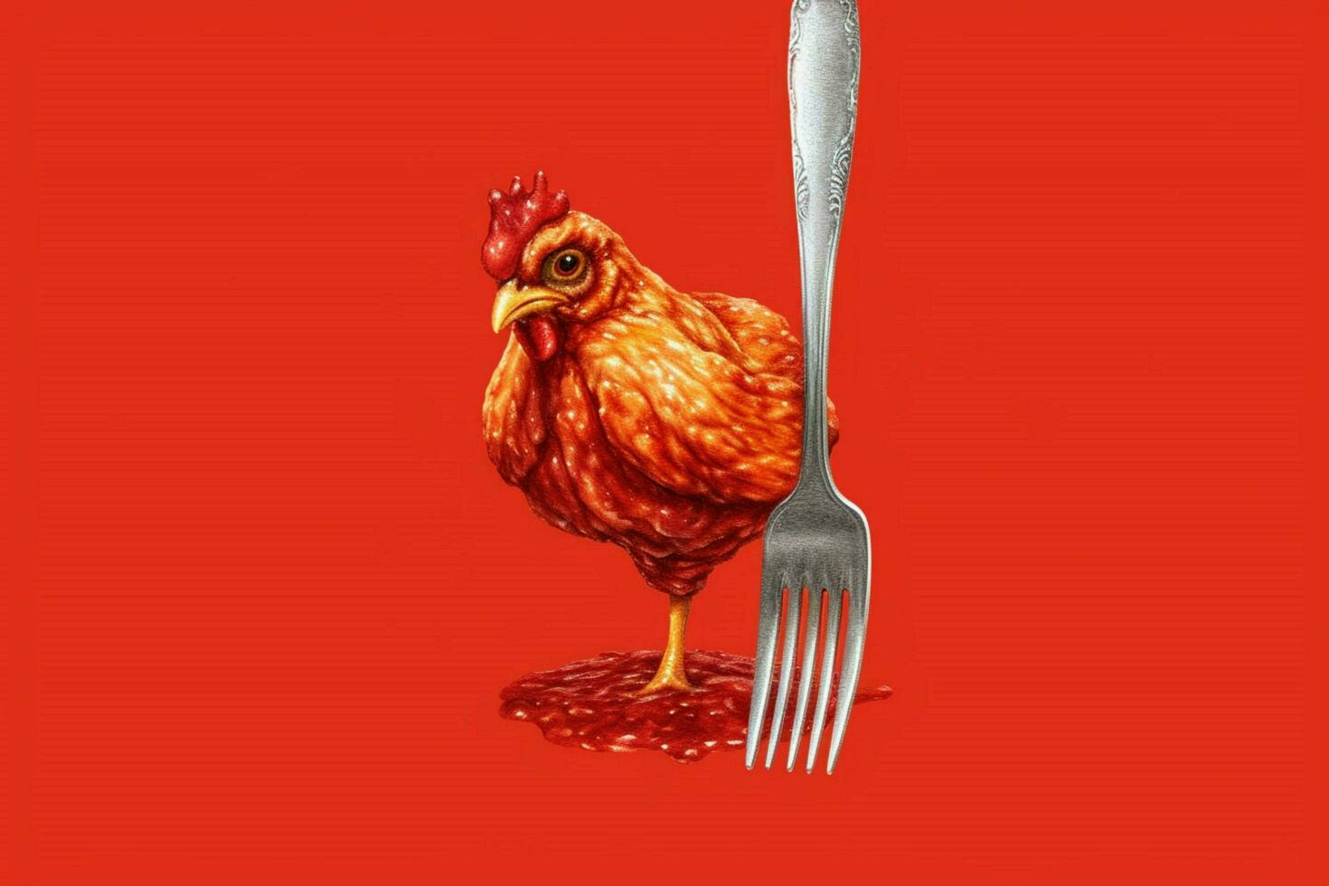 a fork is holding a chicken with a red sauce on i photo