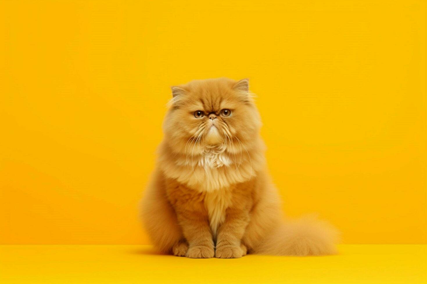 a fluffy orange cat sits on a yellow background photo