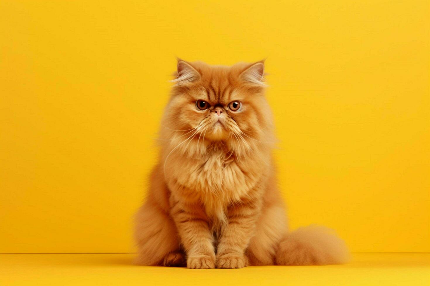 a fluffy orange cat sits on a yellow background photo