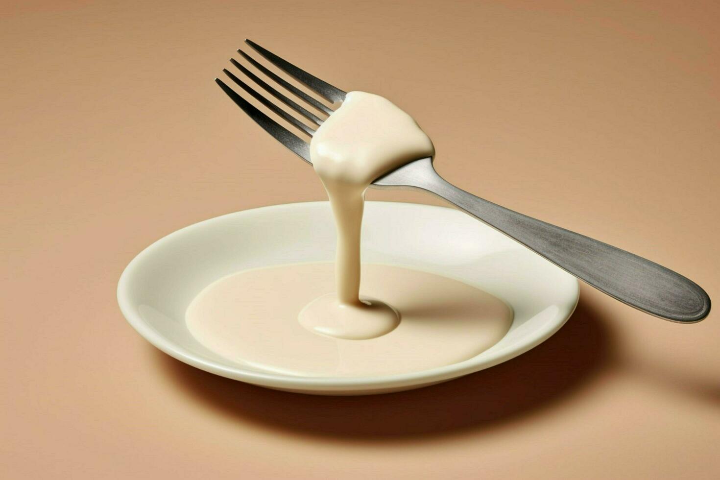 a fork with a white sauce on it and a small piece photo