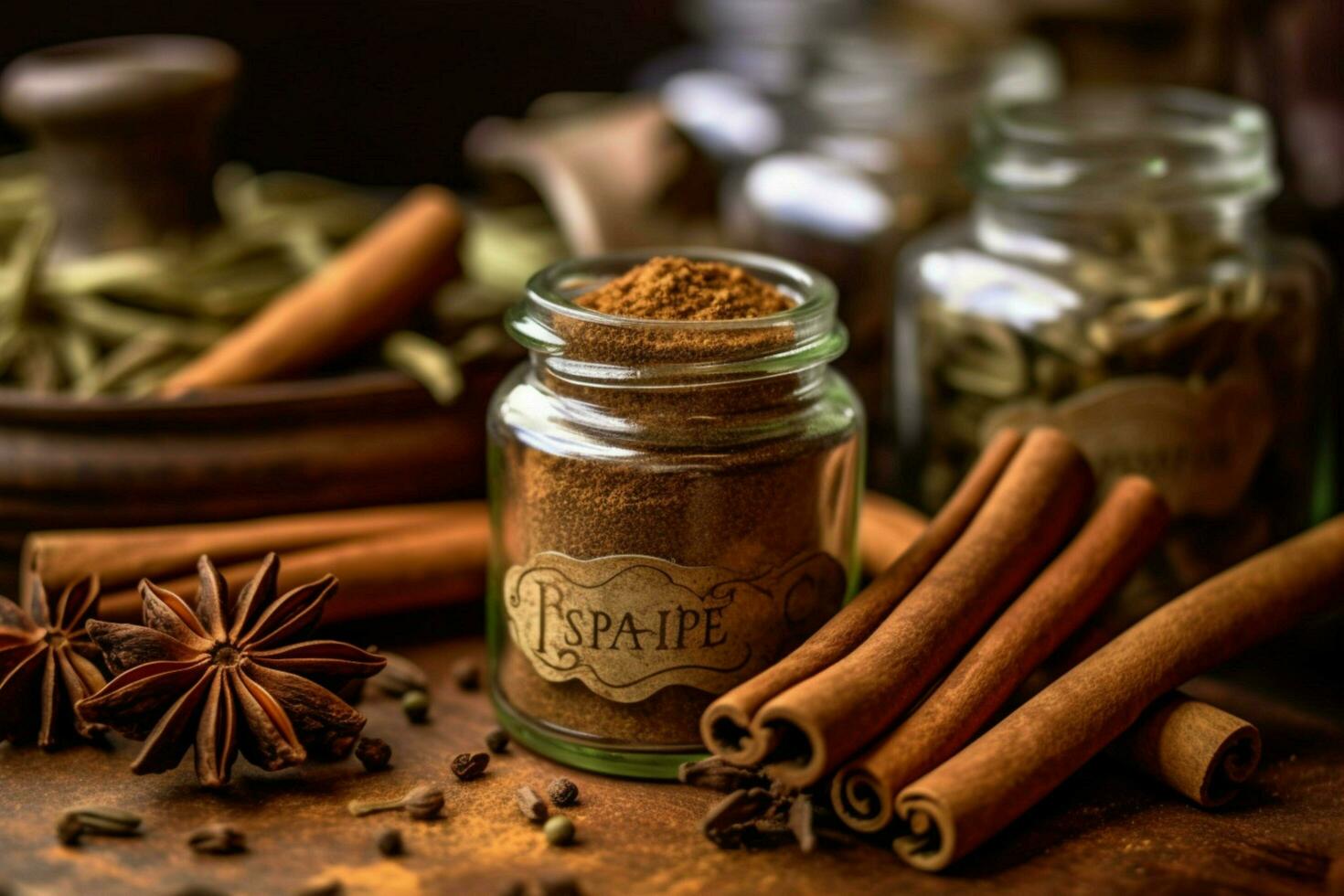 a frame of spices and cinnamon sticks with a gree photo