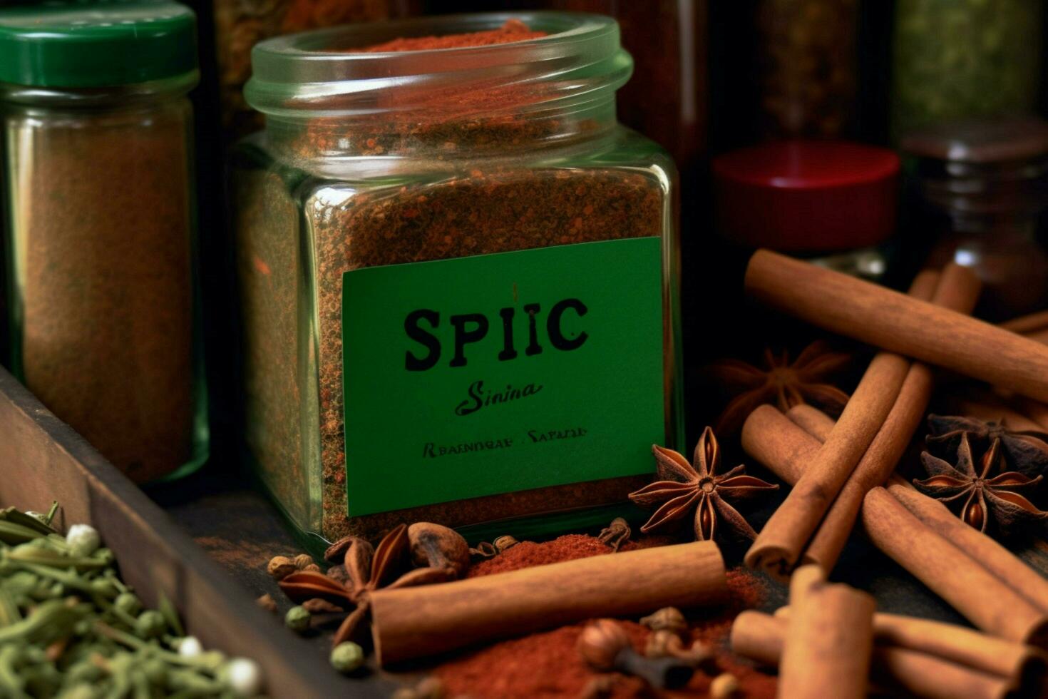 a frame of spices and cinnamon sticks with a gree photo