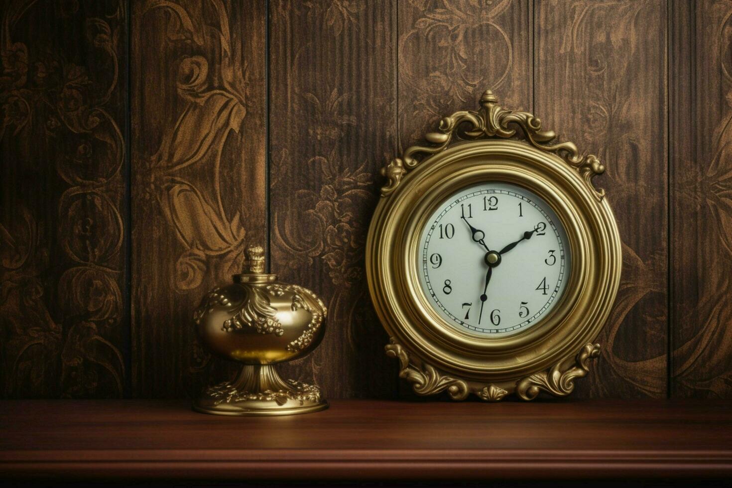 a frame on a dark wood wall with a clock and the wo photo