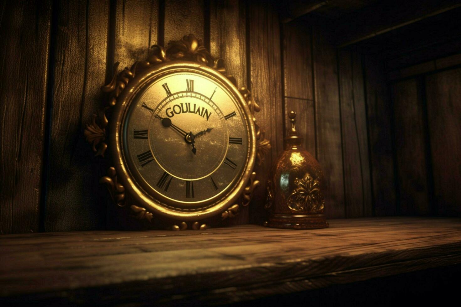 un marco en un oscuro madera pared con un reloj y el wo foto