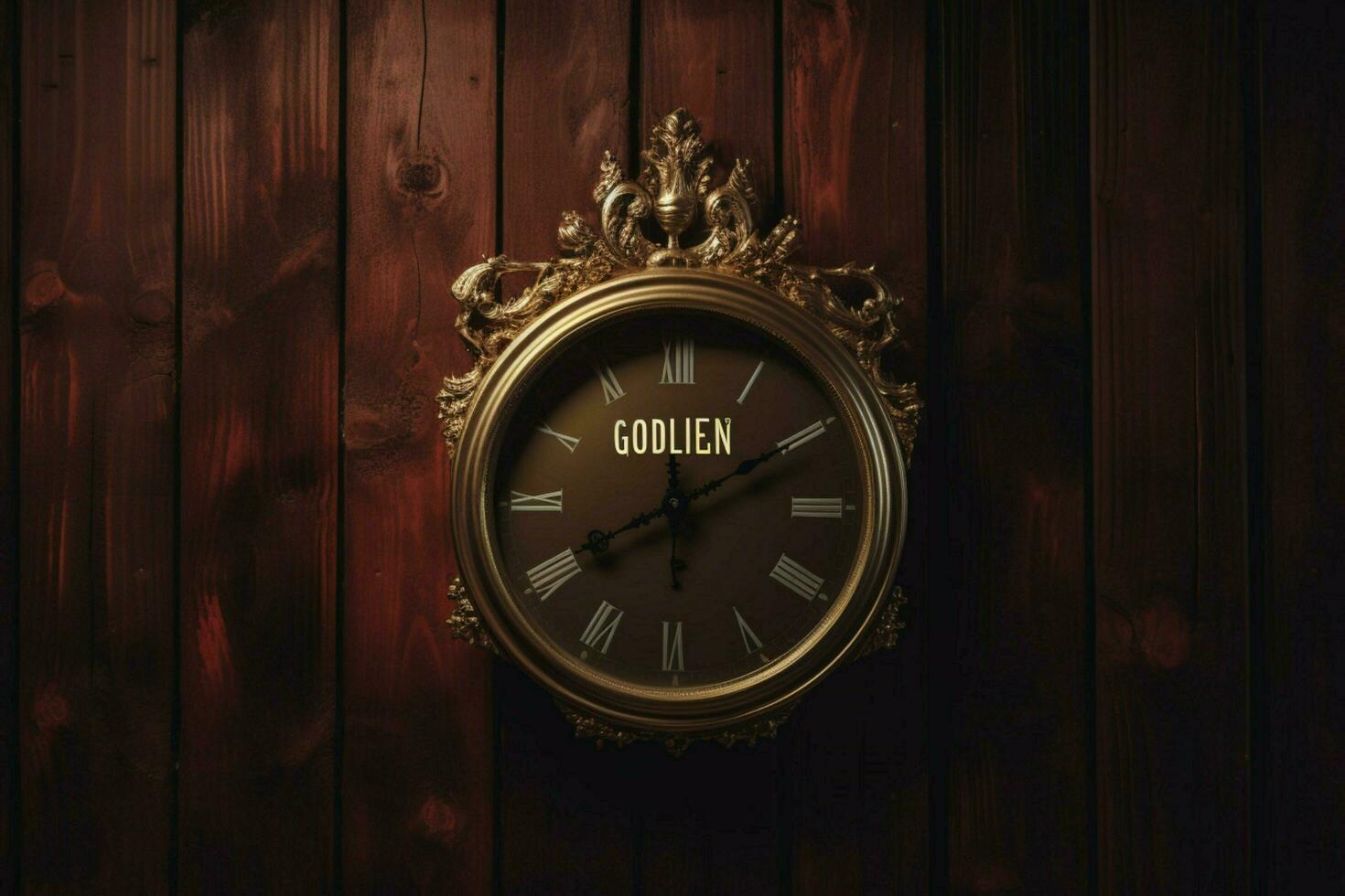a frame on a dark wood wall with a clock and the wo photo