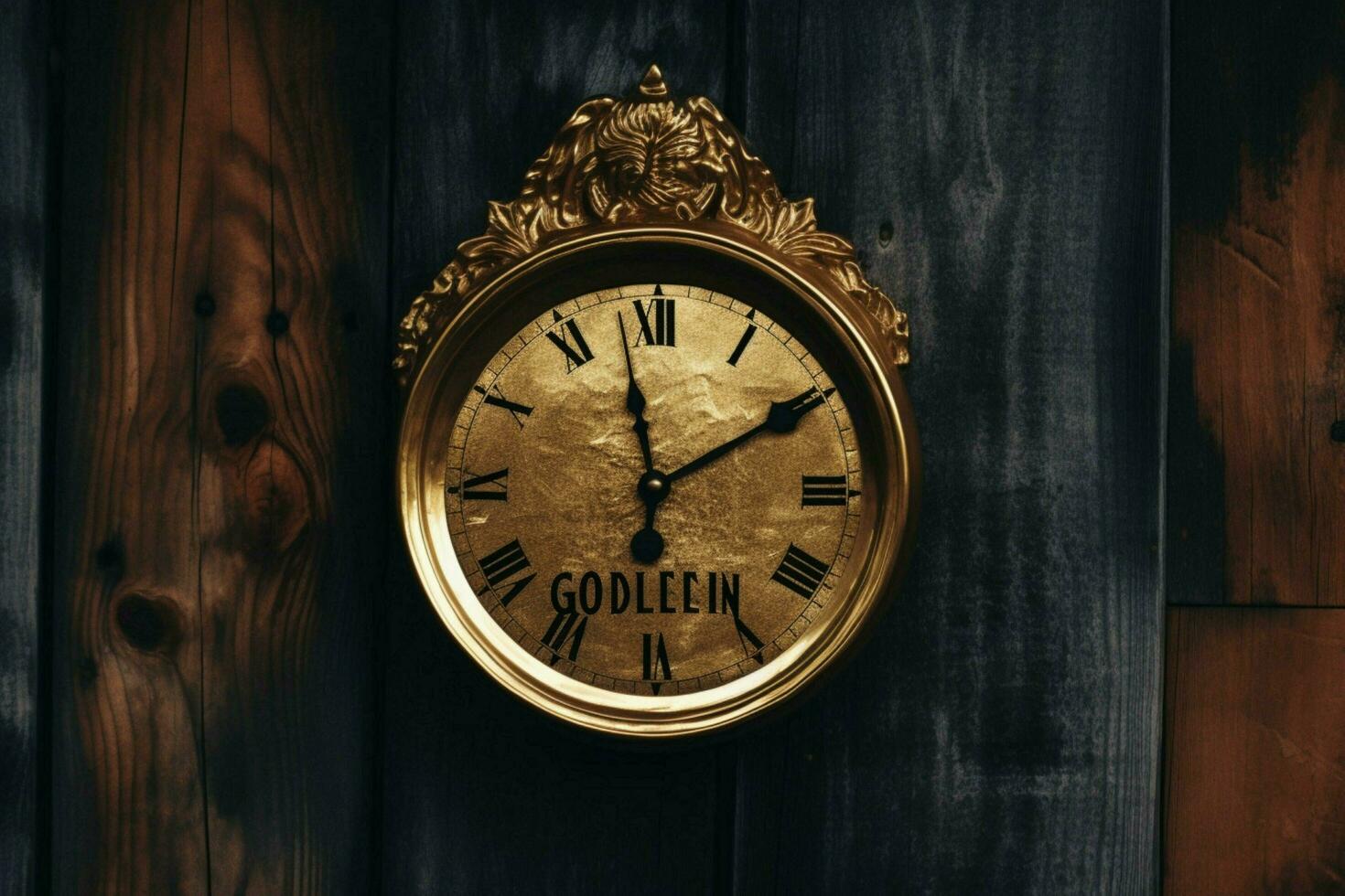 a frame on a dark wood wall with a clock and the wo photo