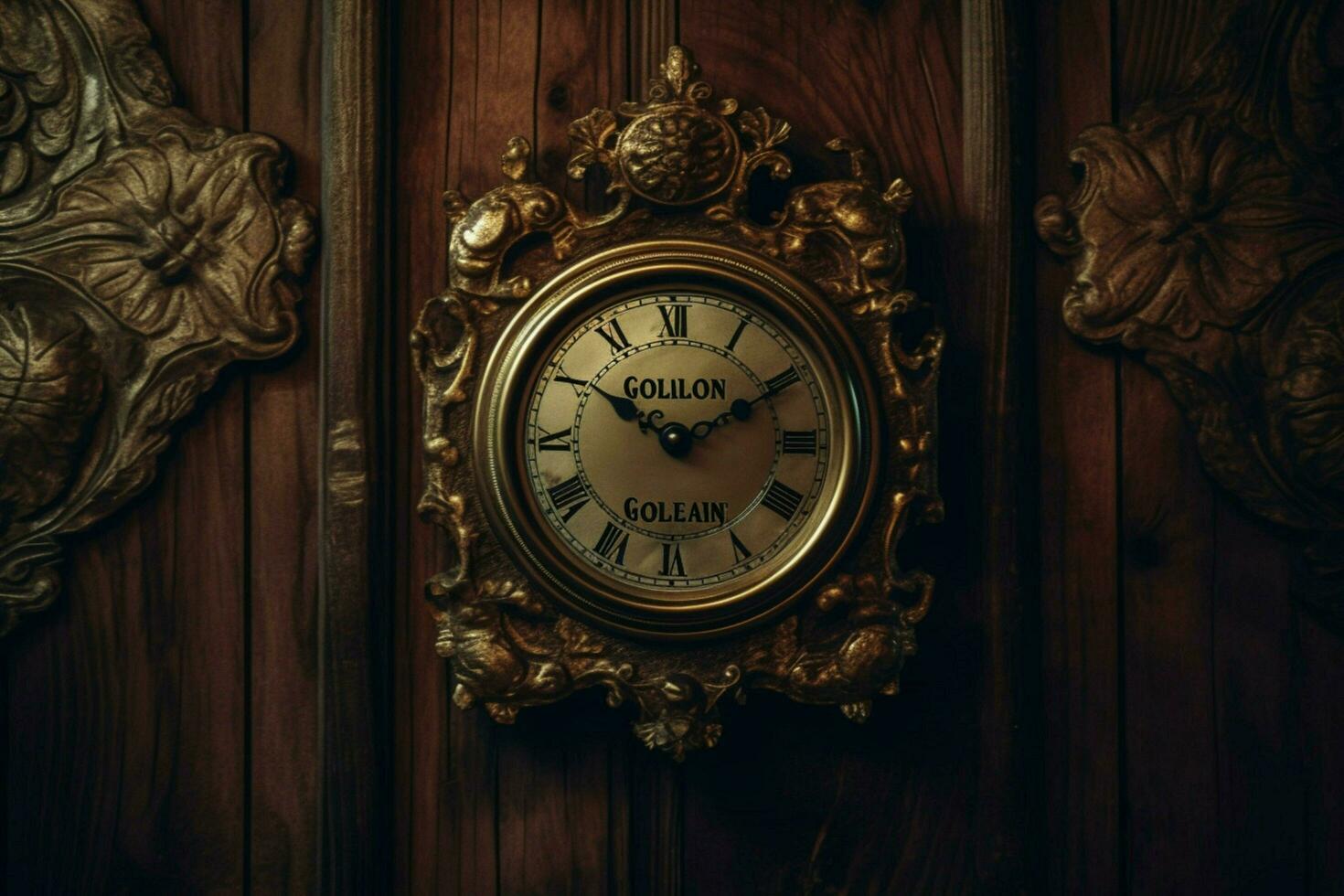 a frame on a dark wood wall with a clock and the photo