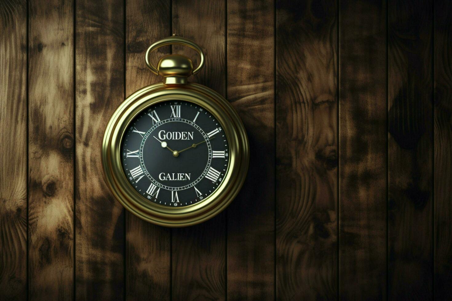 a frame on a dark wood wall with a clock and the photo