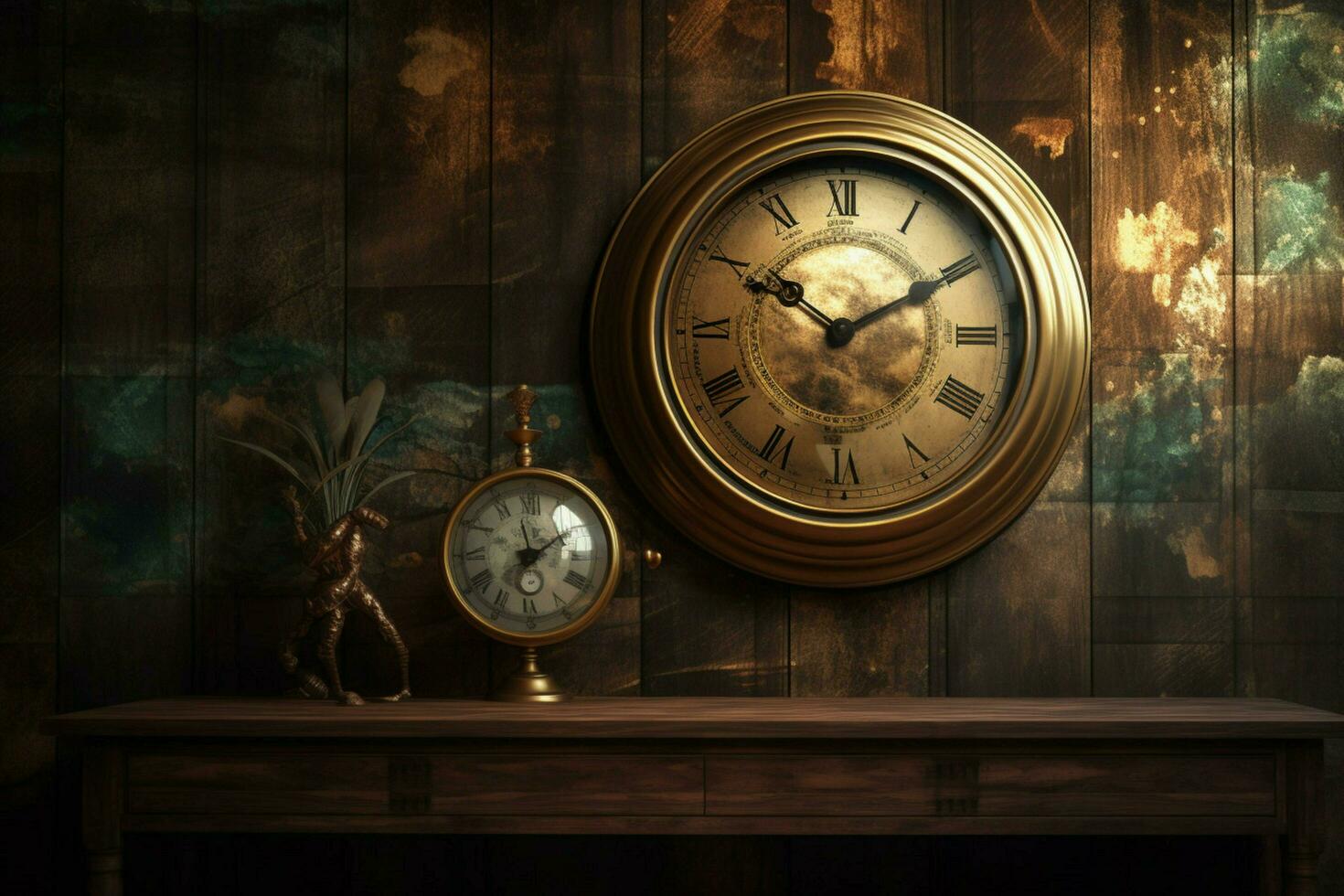 a frame on a dark wood wall with a clock and the photo